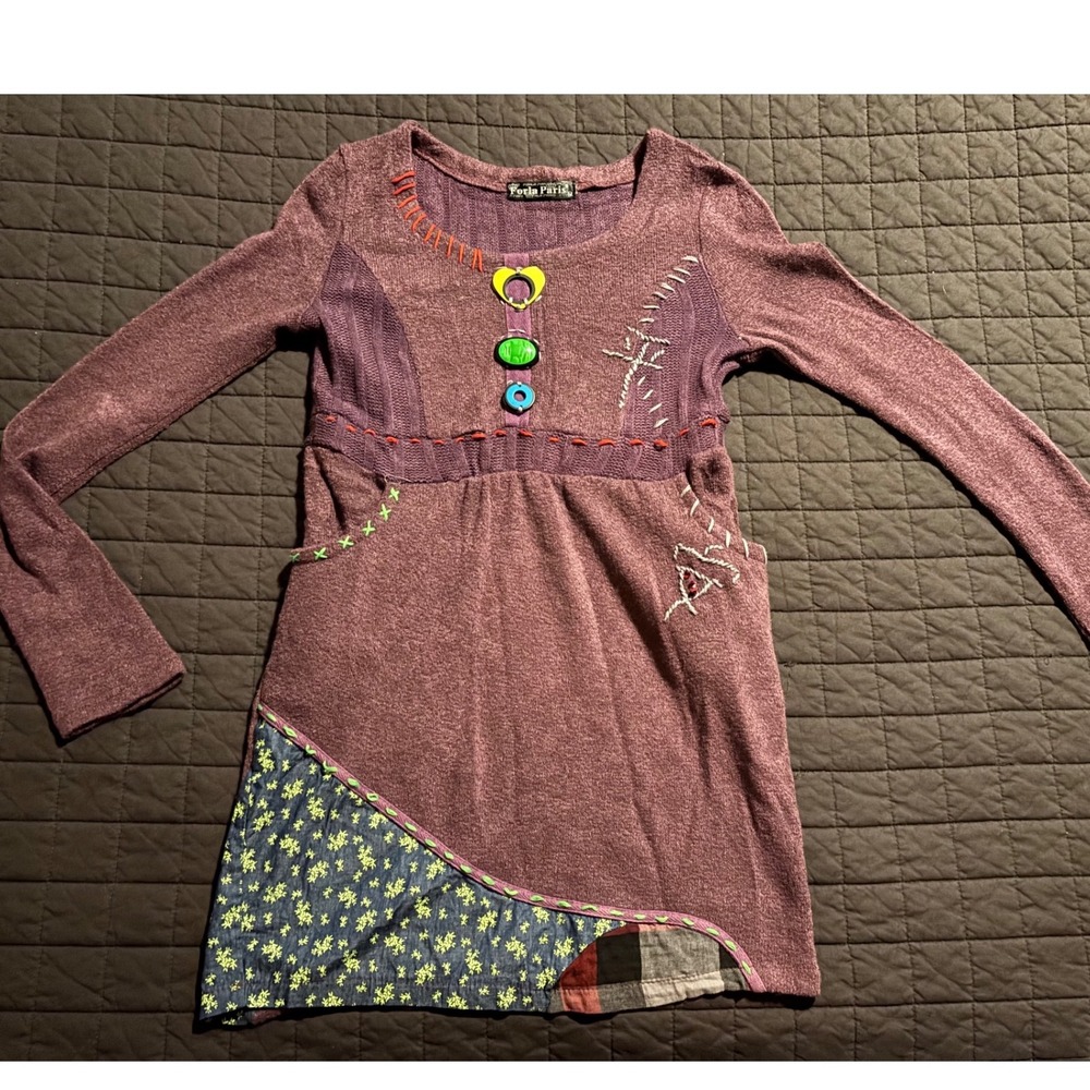 Forla Paris Tunic Dress Size M‎ Purple Unique Patchwork Bohemian Long Sleeve